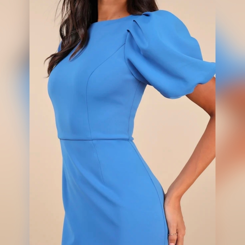 Lulus Simply Beloved Medium Blue Puff Sleeve Bodycon Midi Dress, Size Medium - Picture 3 of 11